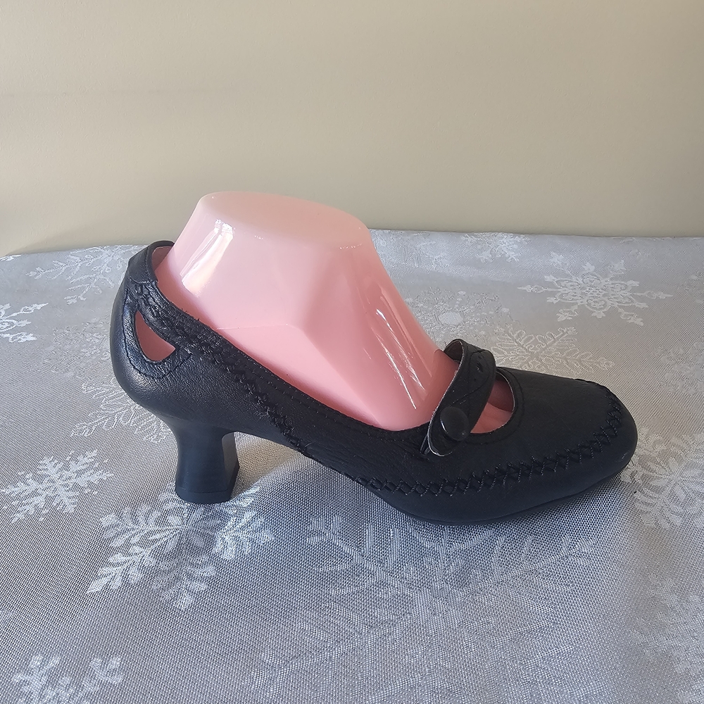 Jessica Mary Jane Heels Pumps Black Leather Pin Up Round Toe Vintage Sz 9M